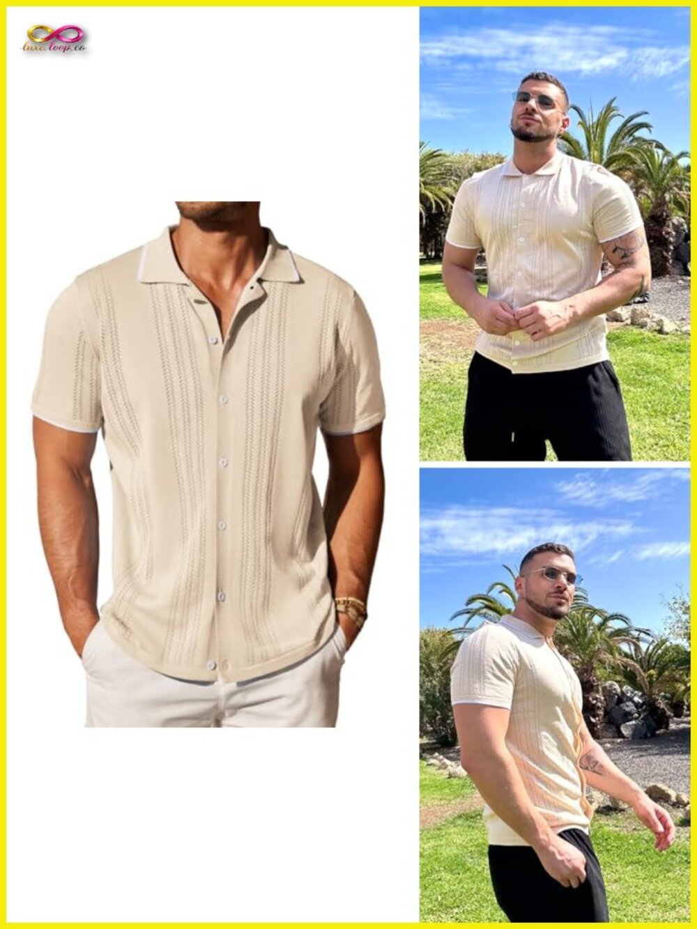 Men's Knit Button Down Shirt Short Sleeve Vintage Polo Casual Beach Top
